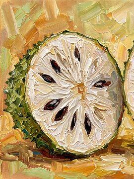 Open Soursop Graviola Fruit Oil Painting Tropical Botanical Wall Canvas
