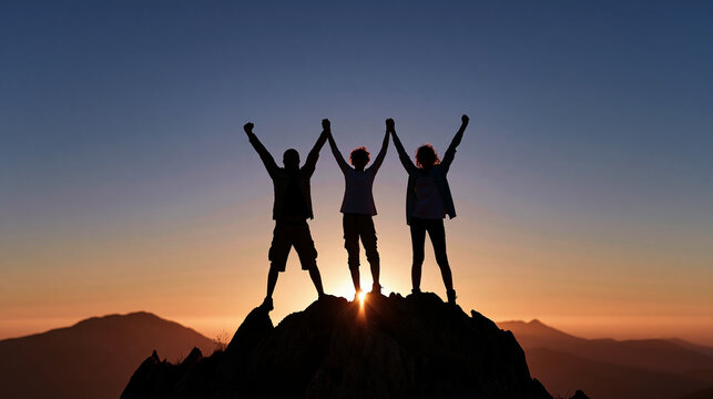 Together overcoming obstacles with three people holding hands up in the air on mountain top , 