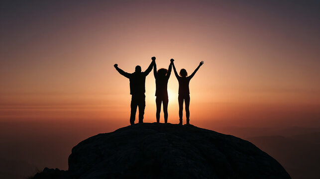 Together overcoming obstacles with three people holding hands up in the air on mountain top , 