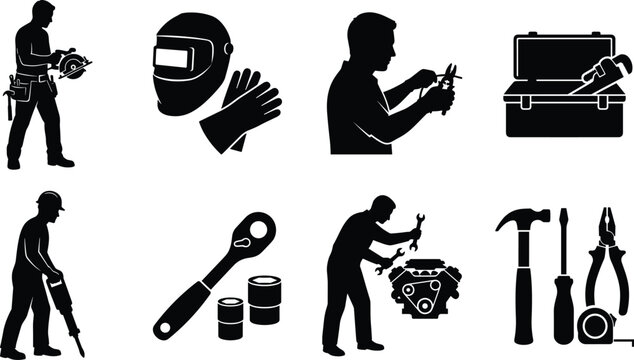 Tradesperson and Construction Tools Work Solid Black Silhouette Vector Icon Set Isolated White Background