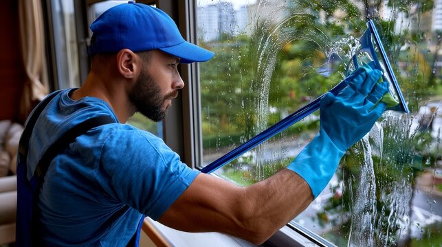 A man in blue clothing and gloves uses a squeegee to clean a soapy window with a blurred outdoor background.