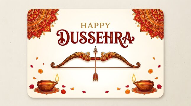 Happy dussehra greeting card with ornate bow and arrow, diya lamps, and floral decorations