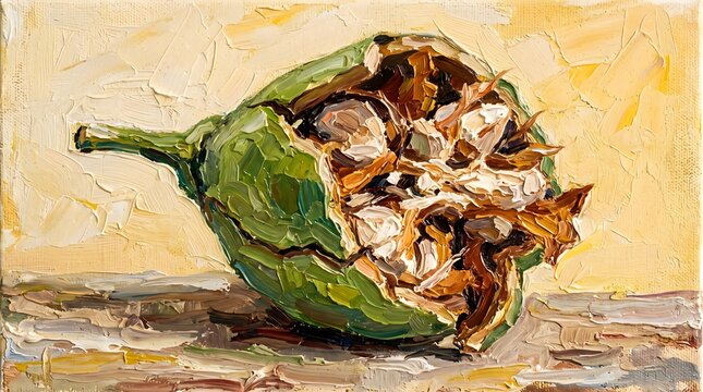 Opened Green Cacao Pod with Beans Oil Painting Tropical Produce Artwork