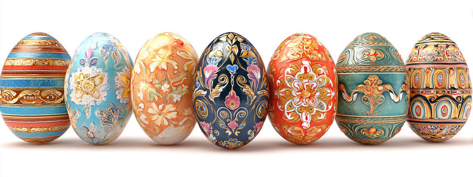 Row of colorful decorated easter eggs with detailed patterns