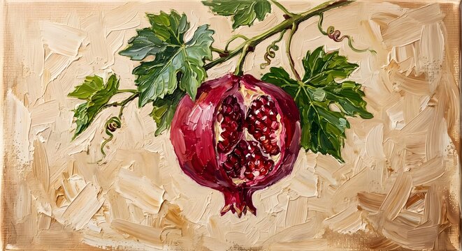 Sliced Open Red Pomegranate Branch Oil Painting Rustic Fine Art Canvas