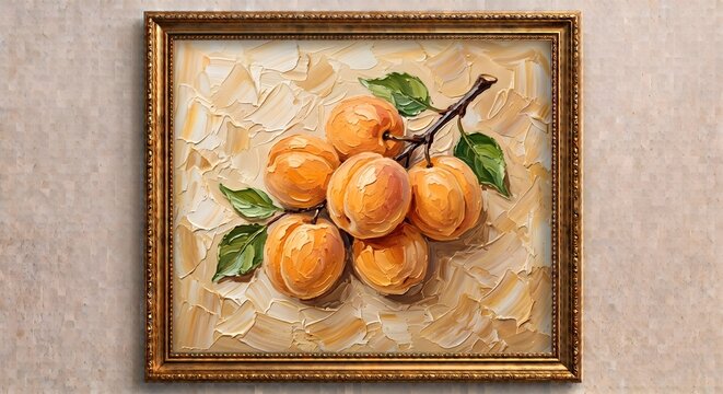 Ripe Orange Apricots Still Life Oil Painting Vintage Gold Framed Canvas