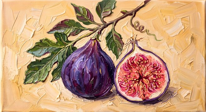 Open Sliced Purple Fig Fruit Oil Painting Botanical Rustic Kitchen Art