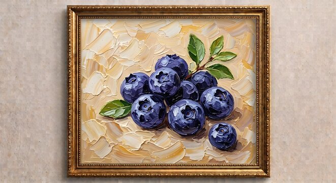 Framed Fresh Blueberries Fine Art Oil Painting Vintage Gold Frame Print