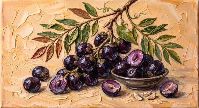 Dark Purple Jamun Plum Fruit Branch Oil Painting Still Life Canvas