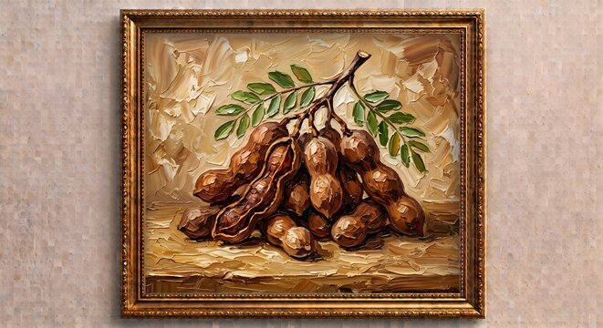Framed Brown Tamarind Pods Oil Painting Vintage Gold Framed Wall Art