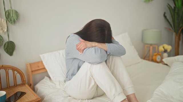 Woman sitting on bed hugging knees with head buried in arms and hidden face, bedside lamp and alarm visible in a bedroom in a building; loneliness sadness.