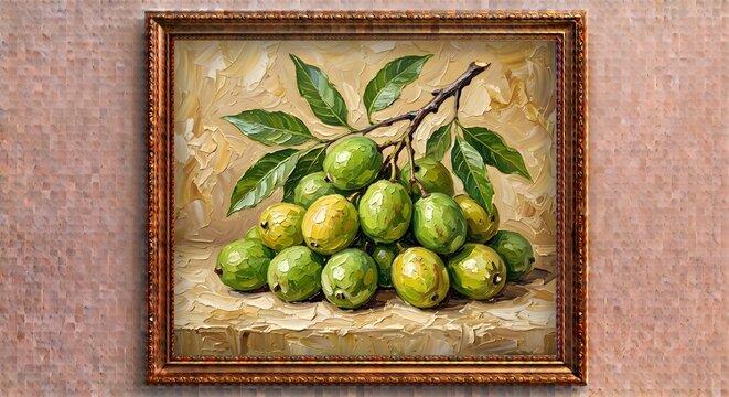 Framed Green Ambarella Plums Still Life Oil Painting Antique Gold Framed Print