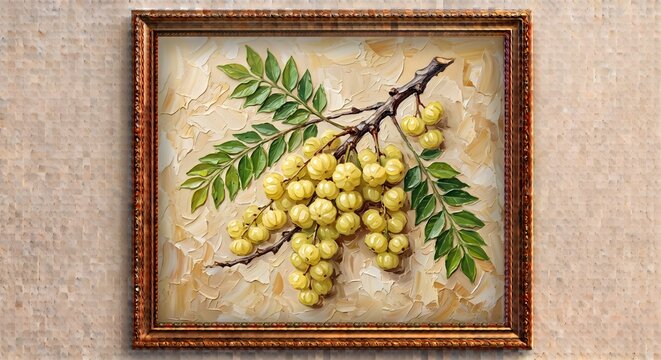 Framed Indian Gooseberry Amla Branch Oil Painting Vintage Gold Wall Canvas