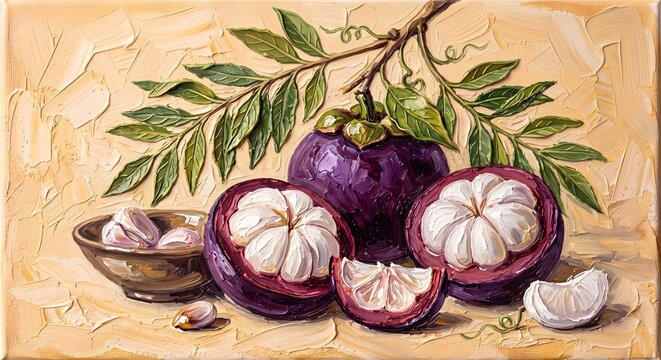 Fresh Purple Mangosteen Fruit Opened Pulp Oil Painting Botanical Canvas Art