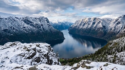 Obraz premium Nordic Fjord Landscape Featuring Early Winter Fjord
