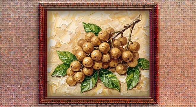 Framed Langsat Fruit Cluster Branch Oil Painting Vintage Gold Wall Canvas