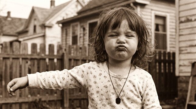 Vintage sepia portrait of pouting little girl standing in backyard
