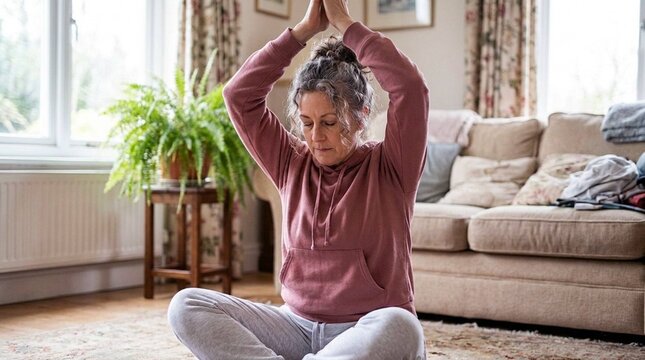 Mature woman practicing yoga meditation pose in cozy living room at home