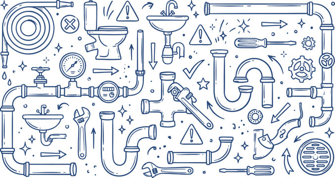 Hand drawn plumbing doodles set featuring pipes faucets sinks wrenches and repair tools water pipes sink fixtures adjustable wrench screwdriver icon toilet sketch drain pipe equipment