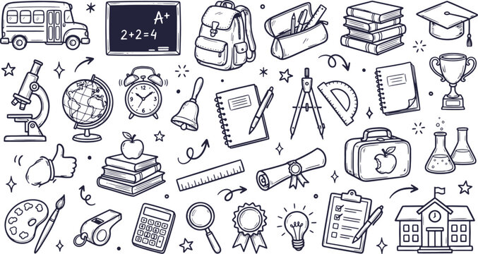 Back to school education hand drawn doodles set with books globe microscope and supplies education sketch books stack science microscope globe model school bus graduation cap learning