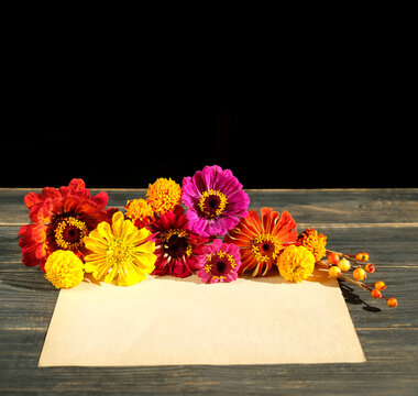 bright colorful flowers of zinnias and marigold (tagetes) and empty paper sheet on rustic wooden table, black background. floral beautiful image. seasonal summer end and autumn flowers. copy space