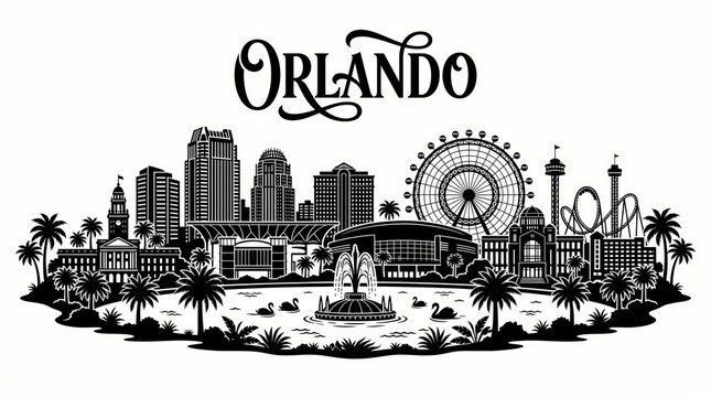 Highly detailed Orlando, Florida skyline silhouette featuring Lake Eola Fountain, Orlando City Hall, performing arts architecture, arena-inspired structure, observation wheel, palm trees