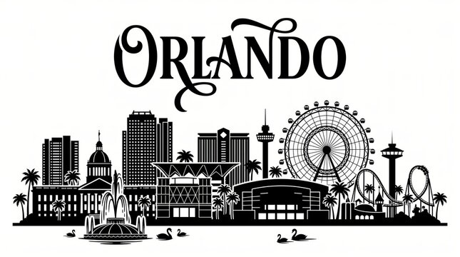Highly detailed Orlando, Florida skyline silhouette featuring Lake Eola Fountain, Orlando City Hall, performing arts architecture, arena-inspired structure, observation wheel, palm trees