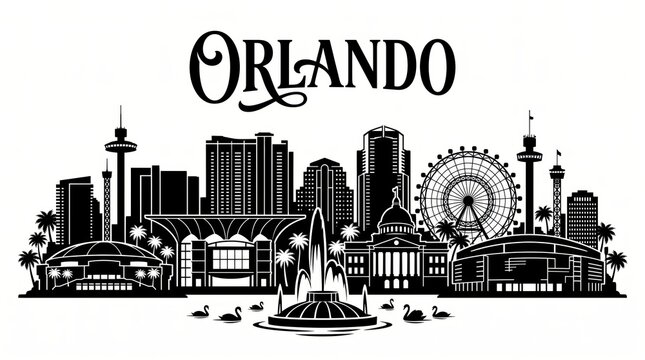 Highly detailed Orlando, Florida skyline silhouette featuring Lake Eola Fountain, Orlando City Hall, performing arts architecture, arena-inspired structure, observation wheel, palm trees