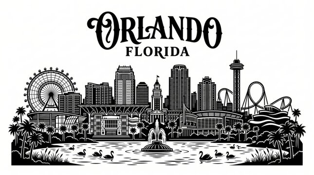 Highly detailed Orlando, Florida skyline silhouette featuring Lake Eola Fountain, Orlando City Hall, performing arts architecture, arena-inspired structure, observation wheel, palm trees