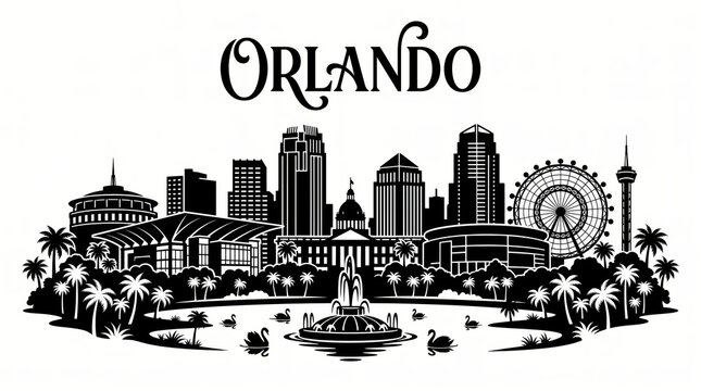Highly detailed Orlando, Florida skyline silhouette featuring Lake Eola Fountain, Orlando City Hall, performing arts architecture, arena-inspired structure, observation wheel, palm trees
