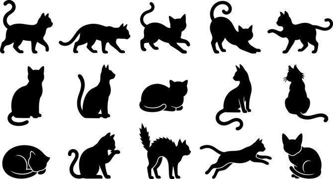 A collection of black cat silhouettes for a spooky halloween vector bundle featuring various feline poses and shapes