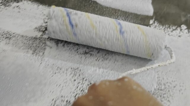 a paint roller applying white paint on a smooth dark concrete wall, showing wet stipple texture for DIY and renovation concepts.
