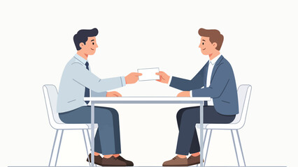 Obraz premium Business professionals exchanging business cards across a table in minimalist flat vector illustration style.