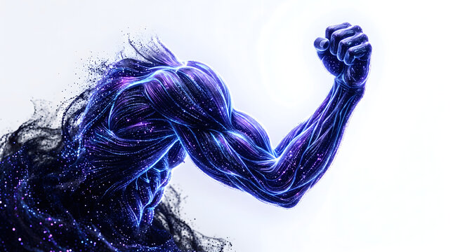 AI-generated photorealistic human arm and bicep formed from luminous black light particles, white background, premium fitness concept, 8K