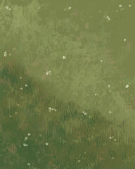 Fototapeta premium Hand Drawn Green Meadow White Wildflowers Top View Vector Background Illustration