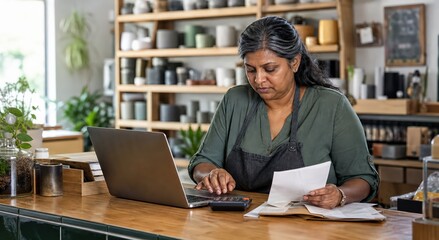 Obraz premium Small Business Owner Doing Monthly Bookkeeping