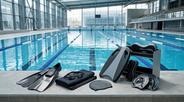 Professional swimming training equipment including fins, goggles, towel, cap, kickboard, and hand paddles by an indoor pool