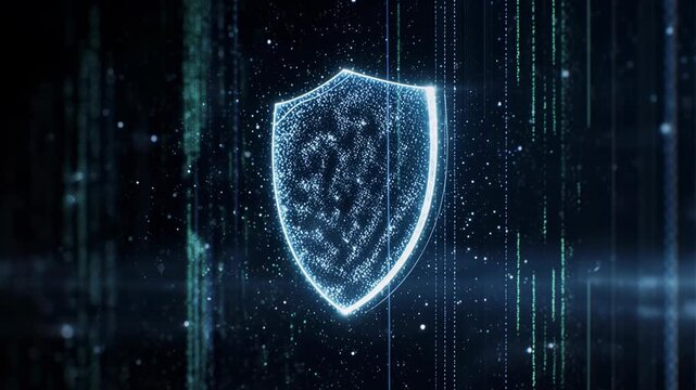 Digital shield of glowing blue particle light, representing virtual cyber security, database network firewall safety, futuristic online information encryption defense system.