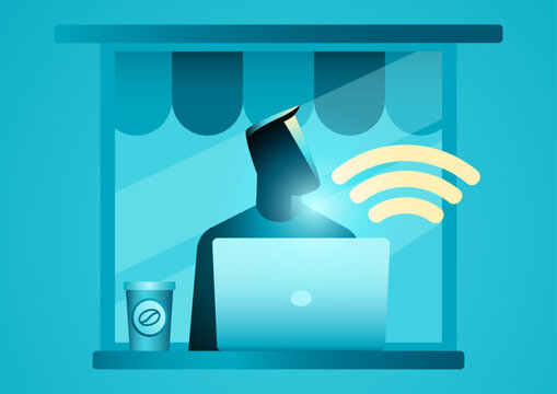 Digital nomad working in cafe icon, remote work, freelancer, work from cafe, coffee shop workspace, mobile office and flexible workplace concept.