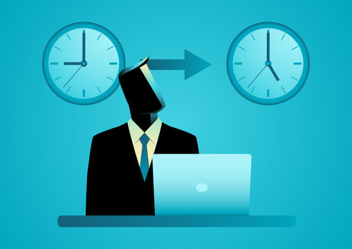 Business time management or full time job concept with businessman, laptop, clocks and direction arrow.