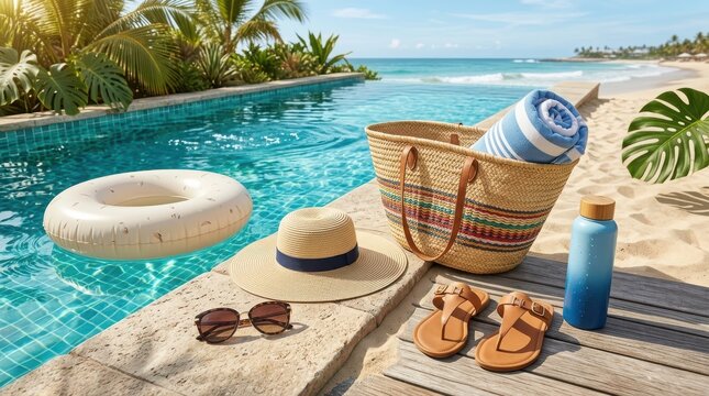 Summer vacation items including a straw bag, hat, sunglasses, sandals, and a water bottle by a luxury swimming pool