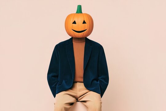 Person wearing a pumpkin head sits on a chair with a plain background during a festive season