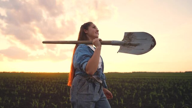 A teenage farmer, a girl, walks confidently through a field, carrying a shovel. The girl, a teenage farmer, enjoys her work as the sun sets in the background.