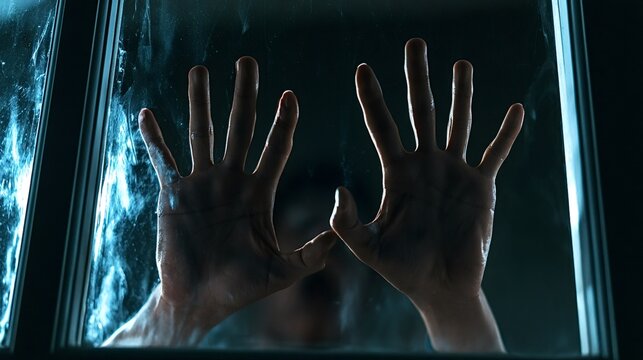 Human hands pressing on a reflective glass surface, reaching out from a dark, confined space with an abstract blue light creating a sense of entrapment, fear, and claustrophobia