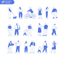 Fototapeta premium Vector people silhouette outline style bundle with editable stroke for easy edit. Line art people crowd. Men and women, kids outdoor isolated on white background