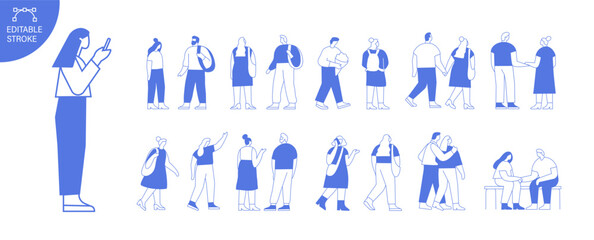 Naklejka premium Vector people silhouette outline bundle with editable stroke for easy editing. Line art crowd of men, women and children outdoors, isolated on white background