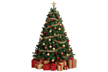 Naklejka premium Festive Christmas tree with gold garland ornaments and presents