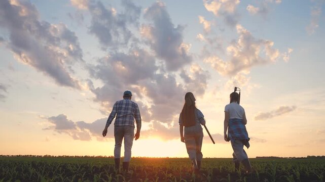 A man, a woman, and a girl walk through a field. The man waves while the woman and girl carry tools as they enjoy the sunset in the field.