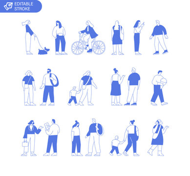 Vector people silhouette outline style bundle with editable stroke for easy edit. Line art people crowd. Men and women, kids outdoor isolated on white background