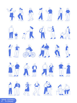 Vector people silhouette outline style large bundle with editable stroke for easy edit. Line art people crowd. Men and women, kids outdoor isolated on white background